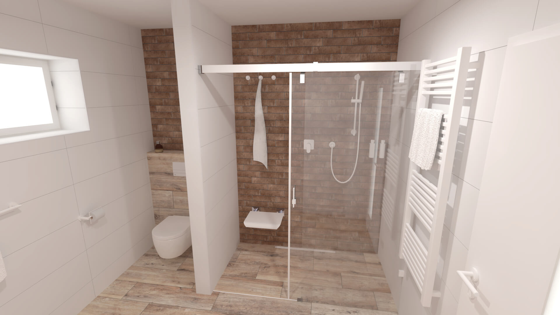 Vizualizace koupelny s keramickým obkladem ze série Planches de Rex a Brick