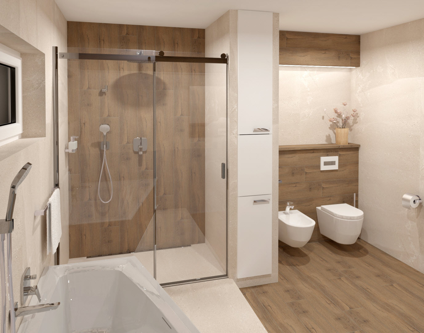 Vizualizace koupelny ze série Planches de Rex v designu dřeva