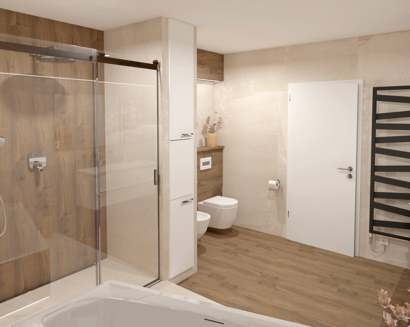 Vizualizace koupelny s obkladem a dlažbou Planches v designu dřeva