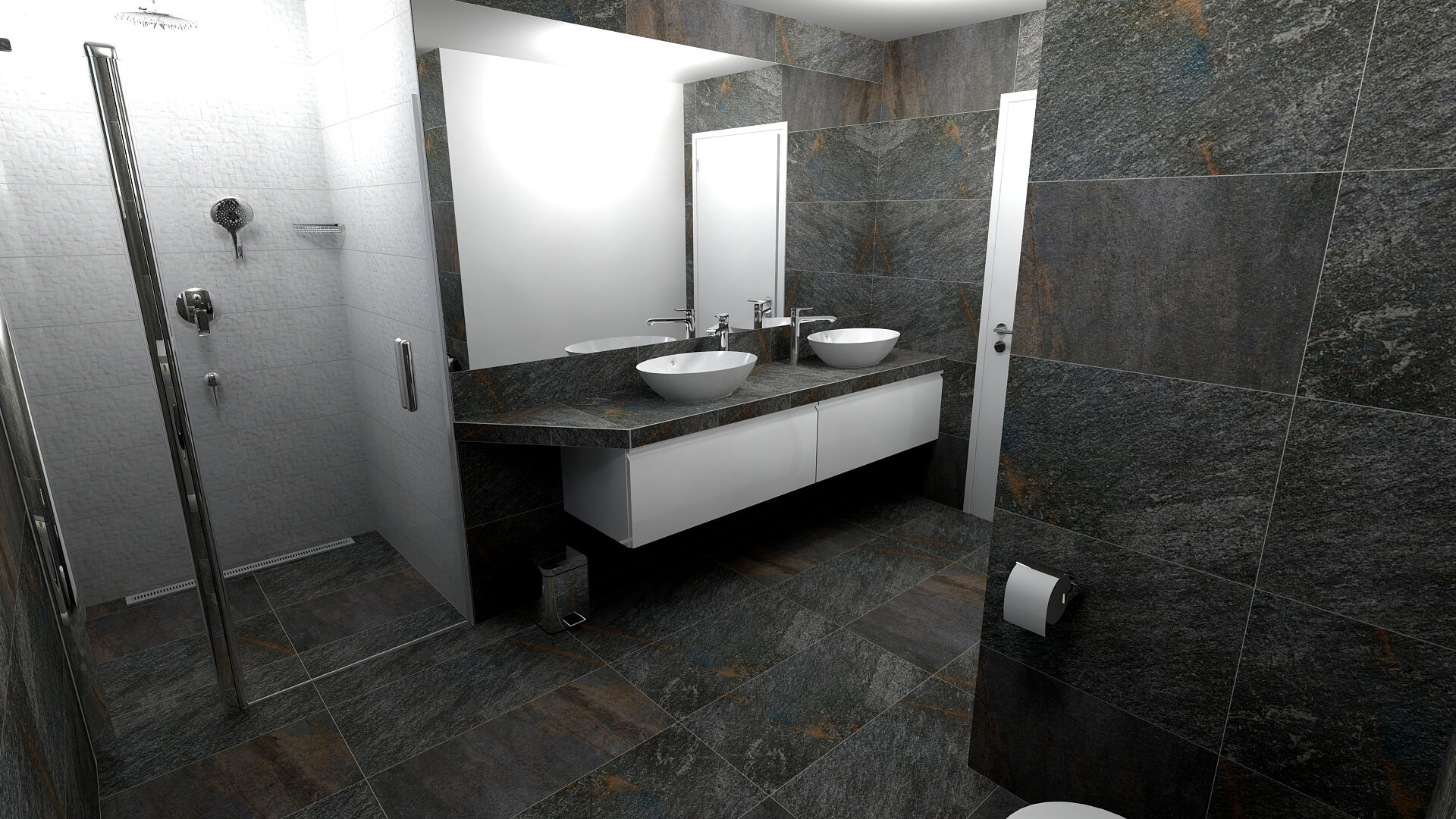 Koupelna z keramické dlažby Walks 1.0 v tmavém designu