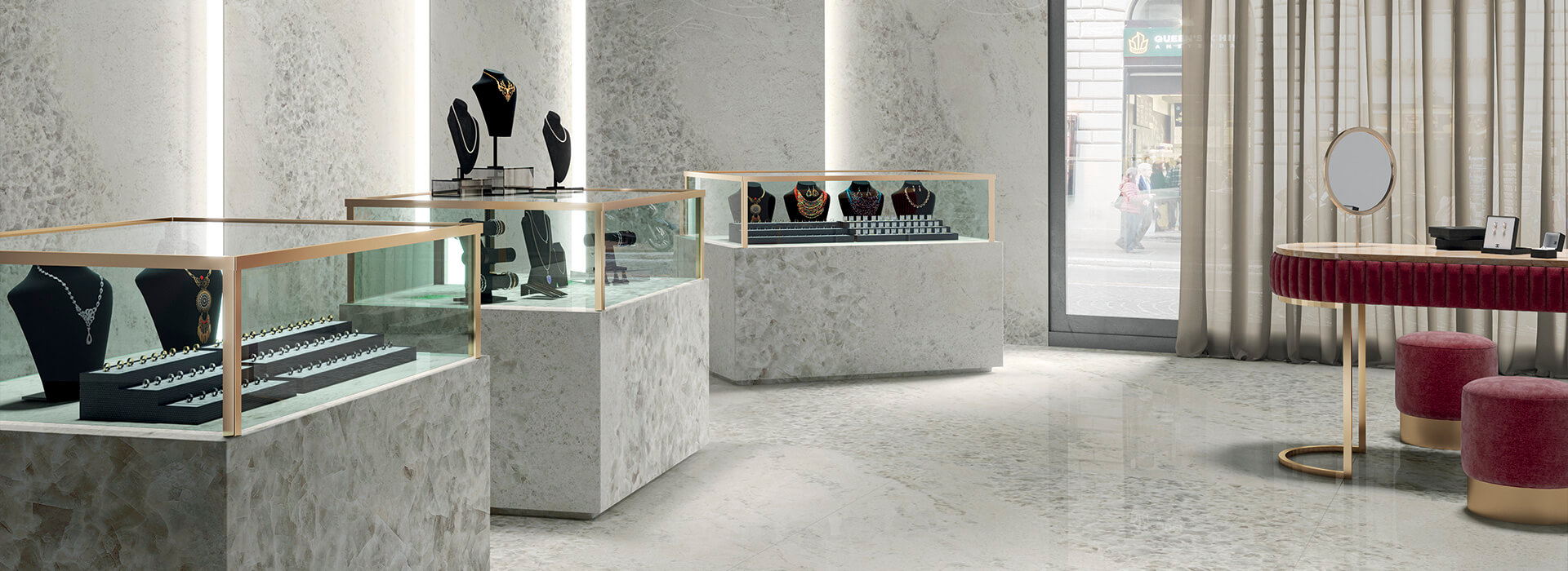 Obchod s keramickým obkladem Gemstone v designu pearl
